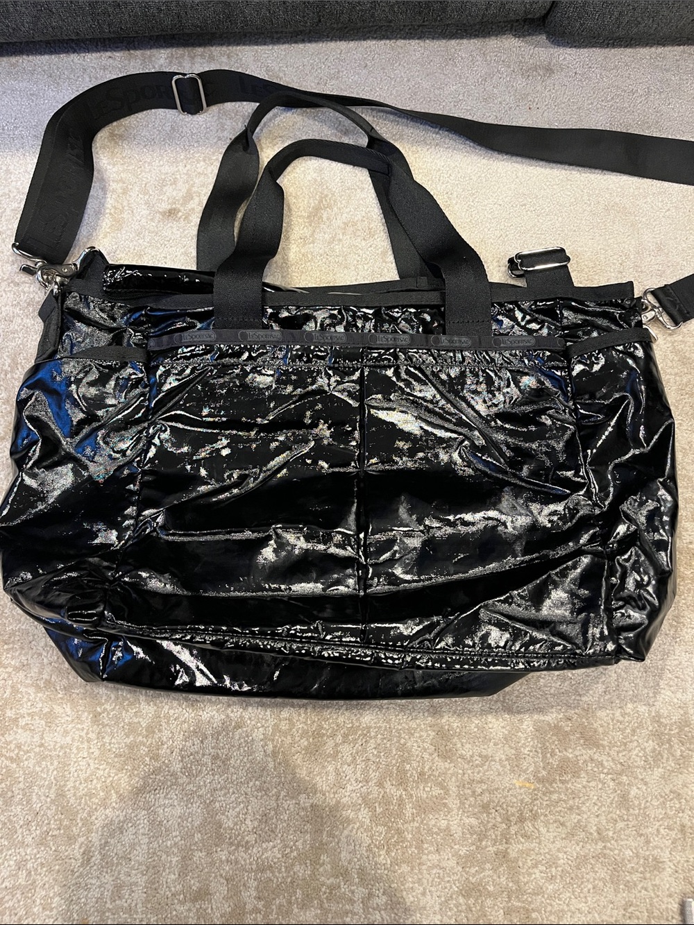 LeSportsac Black Patent Diaper or Weekend Tote Bag -